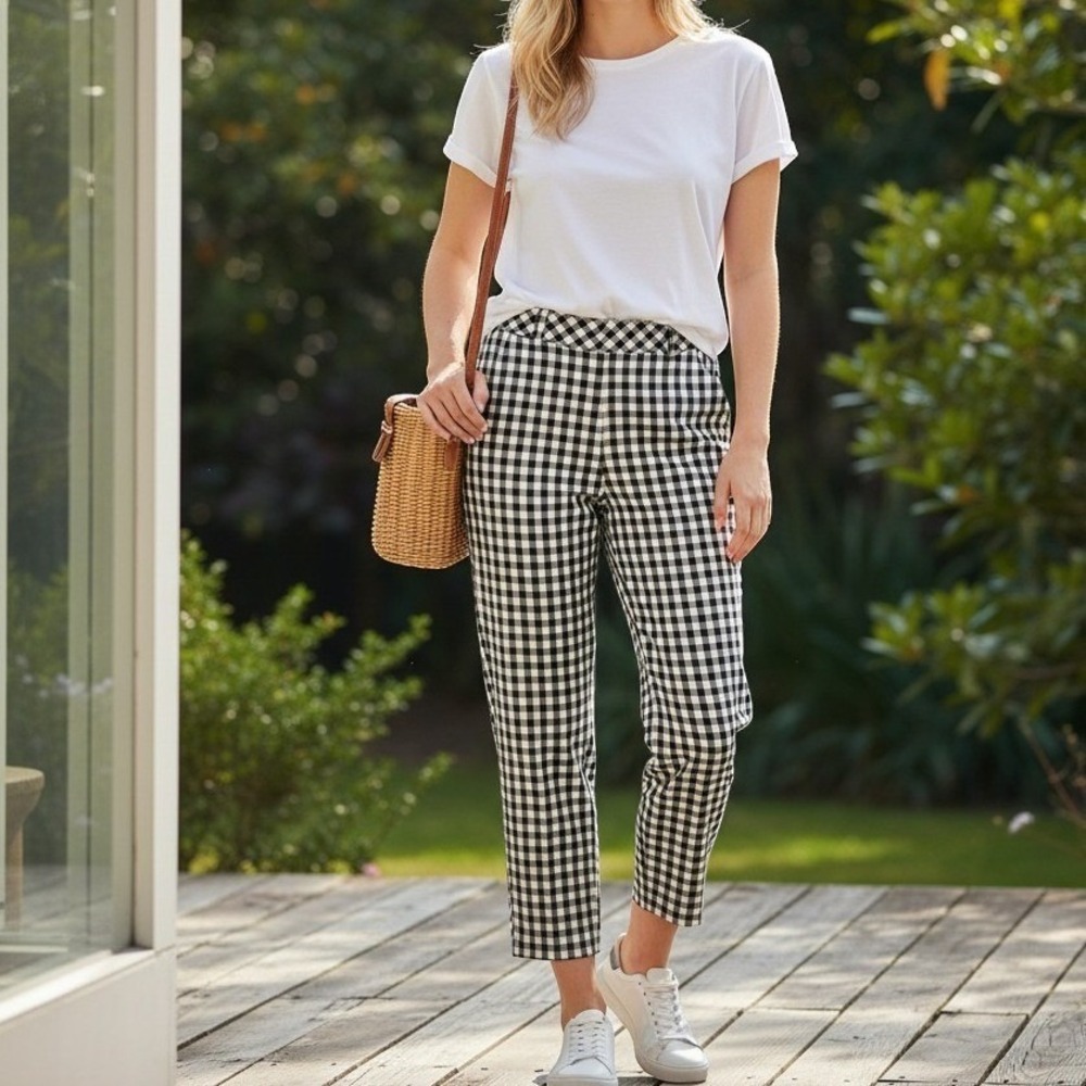 NWT SONCY Cropped Gingham Pants Women 18-20 (02) Black White Checkered Plus Size